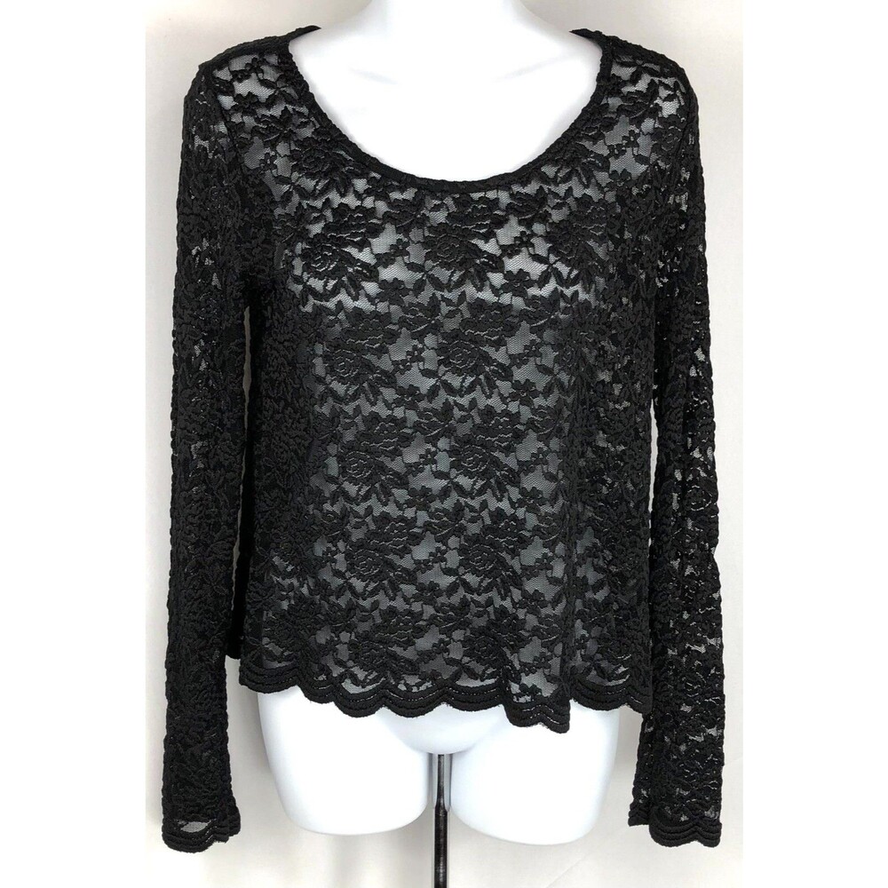 Decree top S blk lace Floral Rose scalloped hem ScoopNeck whimsy Gothic Fairy